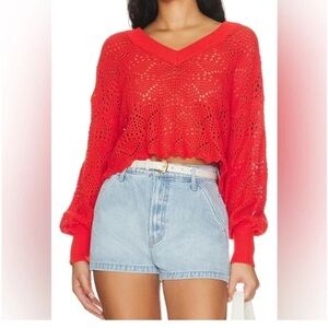 Crochet Open-Knit Cropped Cotten V-Neck Sweater - 525 Brand- Size Small